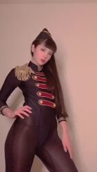 1girl adapted_costume animated asian ass ass_shake audible_music black_gloves black_hair black_leotard breasts curvy dancing gloves hat highleg highleg_leotard highres huge_ass japanese_(nationality) leotard lips long_hair looking_at_viewer military military_uniform model pantyhose photo_(medium) ririkana small_breasts solo sound standing tagme thighhighs thong_leotard video