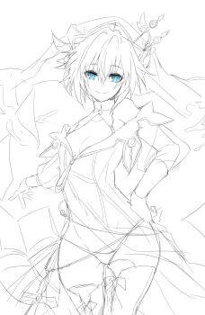 1girl bare_shoulders blue_eyes breasts cleavage cross date_a_live dress hair_between_eyes highres honjou_nia lineart looking_at_viewer nga_(ray_ray) nun panties partially_colored see-through_clothes short_hair smile solo thighhighs underwear