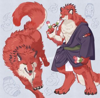 1boy aizawa_(nh_st) animal animal_feet arm_out_of_sleeve body_fur claws commentary_request creature_and_personification dango digitigrade dual_persona eating food full_body furry furry_male grey_background highres hitodama japanese_clothes kimono male_focus muscular muscular_male one_eye_closed original personification ponytail purple_kimono red_fur red_hair sanshoku_dango scar scar_across_eye scar_on_face short_hair solo tail wagashi wolf wolf_boy yellow_eyes