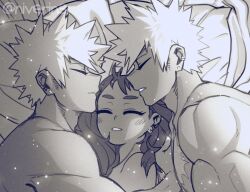 1girl 2boys bakugou_katsuki bed boku_no_hero_academia clone dimples ear_piercing earrings hetero hug jewelry multiple_boys muscular muscular_male niverins piercing scar scar_on_chest sleeping uraraka_ochako