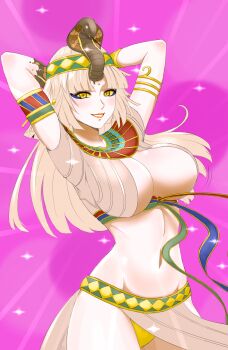 1girl ancient_egyptian_clothes armlet armpits arms_behind_head breasts cleavage cleopatra_(shin_megami_tensei) female_focus highres jewelry large_breasts light_brown_hair long_hair looking_at_viewer midriff navel panties parted_lips shin_megami_tensei shin_megami_tensei_v smile solo underwear viperxtr yellow_eyes yellow_panties