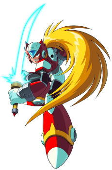 1boy android armor blonde_hair blue_eyes clenched_hands clenched_teeth energy_sword fighting_stance forehead_jewel full_body gloves helmet highres holding holding_sword holding_weapon jewelry long_hair looking_at_viewer mega_man_(series) mega_man_x_(series) official_art ponytail red_armor red_helmet robot robot_ears sensei_haruki_suetsugu shoulder_armor simple_background solo standing sword teeth very_long_hair weapon white_background white_gloves z_saber zero_(mega_man)