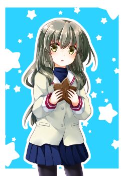 Rule 34 | 1girl, artist request, black pantyhose, blazer, blue skirt, blue turtleneck sweater, blush, clannad, dot nose, female focus, hair between eyes, highres, hikarizaka private high school uniform, holding, ibuki fuuko, jacket, long sleeves, looking at viewer, open mouth, pantyhose, pleated skirt, school uniform, skirt, solo, star (symbol), starfish, sweater, turtleneck, turtleneck sweater, yellow eyes, yellow jacket