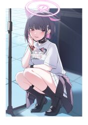 1girl absurdres animal_ears black_choker black_hair black_jacket black_shoes black_socks blue_archive blush border breasts cat_ears cat_girl choker clothes_around_waist commentary_request earclip extra_ears full_body hair_ornament hairclip halo hand_up highres jacket jacket_around_waist kazusa_(band)_(blue_archive) kazusa_(blue_archive) looking_at_viewer mask medium_breasts medium_hair microphone_stand miniskirt mouth_mask official_alternate_costume open_mouth pink_eyes pink_halo pleated_skirt shirt shoes short_sleeves skirt smile socks solo squatting t-shirt tile_floor tiles tsyn white_border white_shirt white_skirt