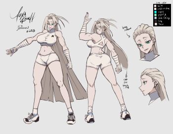 1girl 2025 ass bandaged_arm bandages bike_shorts blonde_hair breasts character_name color_guide commentary crop_top dimples_of_venus earrings english_commentary green_eyes hair_slicked_back highres hip_bones jeffraeson jewelry large_breasts long_hair narrow_waist navel original reference_sheet shoes short_shorts shorts signature sleeveless sleeveless_turtleneck sneakers toned toned_female turtleneck very_long_hair white_shoes white_shorts
