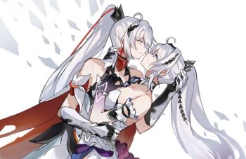 2girls bare_shoulders blue_eyes bracelet cape colored_extremities cross cross_earrings dress dual_persona earrings elbow_gloves gloves hand_on_another&#039;s_waist highres honkai_(series) honkai_impact_3rd jewelry kiana_kaslana kiana_kaslana_(herrscher_of_finality) kiana_kaslana_(herrscher_of_flamescion) long_hair multiple_girls parted_lips purple_eyes red_cape red_streaks selfcest shiying_no_yao white_background white_dress white_gloves white_hair yuri