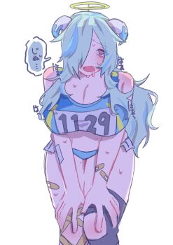 1girl artist_request bandaid bandaid_on_arm bandaid_on_leg blue_hair blue_shorts blue_sports_bra breasts cleavage doubliel drooling exhausted fake_halo hair_over_one_eye halo hands_on_own_knees horns japanese_text knee_brace large_breasts leaning_forward long_hair mahjong_fight_girl messy_hair mole mole_on_thigh nemuremo one_eye_covered open_mouth pink_eyes short_shorts shorts solo speech_bubble sports_bra standing sweat track_uniform white_background