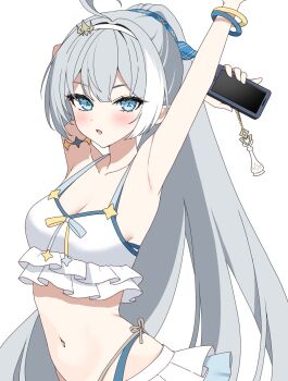 1girl ahoge arm_behind_head arm_up armpits arms_up bangle bare_shoulders bikini bikini_skirt blue_bikini blue_eyes blush bracelet breasts cellphone cellphone_charm charm_(object) cleavage collarbone earrings female_tyrant_(stella_sora) female_tyrant_(swimsuit)_(stella_sora) frilled_bikini frills grey_hair hairband hayami_kaname high_ponytail highleg highleg_bikini highres holding holding_phone jewelry long_hair looking_at_viewer medium_breasts multicolored_hair navel open_mouth phone ponytail simple_background skirt small_breasts smartphone solo star_(symbol) stella_sora stomach streaked_hair swimsuit tyrant_(stella_sora) very_long_hair white_background white_bikini white_hair white_hairband