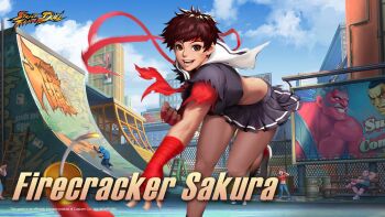 Rule 34 | billboard, cloud, cloudy sky, delinquent, e. honda, fast food, firecrackers, graffiti, hakan, happy, headband, highres, holding, holding skateboard, kasugano sakura, logo, official alternate costume, official art, red headband, school uniform, sitting, skateboard, sky, soot, street fighter, street fighter: duel, streetwear, throwing, torn clothes, torn sleeves, urban, yawning