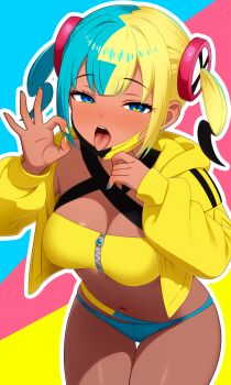 1girl absurdres bikini blonde_hair blue_eyes breasts canari_(pokemon) cleavage dark-skinned_female dark_skin dullahan_(alekey_art) fellatio_gesture highres jacket large_breasts looking_at_viewer multicolored_hair nintendo pokemon pokemon_legends:_z-a solo split-color_hair swimsuit twintails yellow_jacket