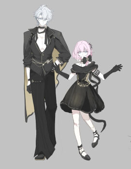 1boy 1girl ahoge black_coat black_dress black_gloves black_pants black_shirt blush chinese_commentary coat commentary cyrene_(honkai:_star_rail) cyrene_(philia093)_(honkai:_star_rail) dive190817 dress full_body gloves grey_background highres honkai:_star_rail honkai_(series) looking_at_viewer open_clothes open_shirt pants phainon_(fashion)_(honkai:_star_rail) phainon_(honkai:_star_rail) pink_hair shirt short_hair simple_background white_hair
