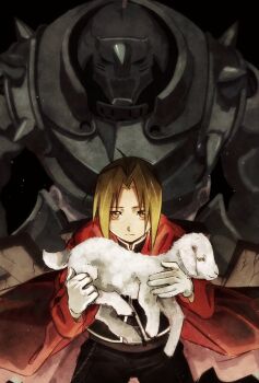 2boys alphonse_elric animal armor baby_animal black_background black_pants black_shirt blonde_hair brothers cape closed_mouth commentary edward_elric english_commentary fullmetal_alchemist highres holding holding_animal lamb living_armor male_focus multiple_boys pants parted_hair red_cape sheep shirt siblings yellow_eyes youritai