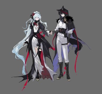 1boy 1girl absurdres alternate_costume animal_ears black_bow black_hair blue_eyes bow fake_animal_ears fate/grand_order fate_(series) full_body hair_between_eyes hair_bow hair_ornament highres long_hair looking_at_viewer morgan_le_fay_(fate) oberon_(fate) oberon_(third_ascension)_(fate) ponytail short_hair simple_background very_long_hair white_hair yebeiming