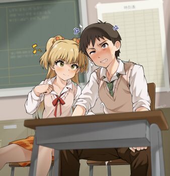 1boy 1girl blonde_hair blush bow censored chair chalkboard classroom cum desk erection green_eyes hair_ornament handjob hetero highres idolmaster idolmaster_cinderella_girls indoors jougasaki_rika kim_da-yoon kodomo_doushi loli pants penis projectile_cum school_chair school_desk school_uniform short_hair shota sitting skirt smile stealth_handjob stealth_sex sweat two_side_up yellow_eyes