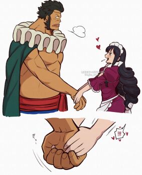 Rule 34 | !, !!, + +, 1boy, 1girl, :d, absurdres, apron, artist name, baby 5, black eyes, black hair, blush, breasts, cape, cigarette, clenched teeth, dress, drill hair, drill sidelocks, eye contact, frilled sleeves, frills, green cape, heart, highres, holding hands, juliet sleeves, kageimo, large breasts, long hair, long sleeves, looking at another, maid headdress, multiple views, one piece, open mouth, pectorals, profile, puffy sleeves, purple dress, raised eyebrows, red sash, sai (one piece), sash, short hair, sideburns, sidelocks, simple background, smile, speech bubble, spoken exclamation mark, sweatdrop, teeth, thick neck, three-quarter sleeves, twitter username, upper teeth only, v-shaped eyebrows, waist apron, watermark, white apron, white background