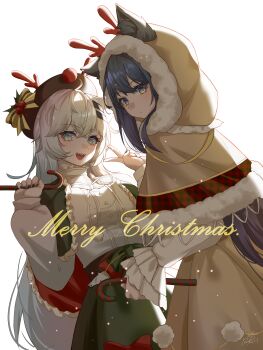 2girls :d absurdres alternate_costume animal_ear_fluff animal_ears arknights black_hair black_hat black_nails blue_eyes blush bow breasts brown_capelet brown_dress candy candy_cane capelet christmas commentary dress ears_through_hood english_commentary fake_antlers food frilled_sleeves frills green_bow green_capelet green_skirt hair_ornament hairclip hat hat_bow highres holding holding_food holly hood hooded_capelet lappland_(arknights) long_hair long_sleeves looking_at_viewer looking_back medium_breasts merry_christmas multiple_girls nail_polish nanaya_journey neck_ribbon open_mouth pom_pom_(clothes) ribbon sharp_teeth shirt signature simple_background skirt smile teeth texas_(arknights) v very_long_hair white_background white_hair white_ribbon white_shirt wolf_ears yellow_bow yellow_eyes