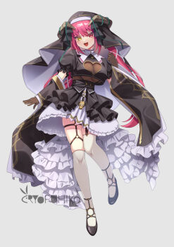1girl black_bodysuit black_dress black_gloves black_shoes black_sleeves bodysuit breasts cleavage cleavage_cutout clothing_cutout demon_horns detached_sleeves dress frilled_dress frills gloves heart_cutout heterochromia hololive horns houshou_marine houshou_marine_(ahoy!!_you&#039;re_all_pirates) long_hair looking_at_viewer o-ring o-ring_thigh_strap official_alternate_costume open_mouth red_eyes red_hair ryofuhiko shoes smile solo thigh_strap thighhighs virtual_youtuber white_thighhighs yellow_eyes