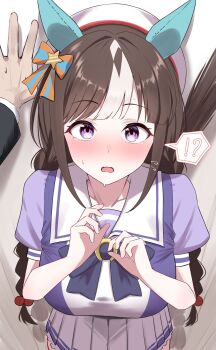 !? 1boy 1girl animal_ears beret blush bow bowtie braid breasts brown_hair commentary_request ear_bow ear_covers happy_birthday hat highres hokko_tarumae_(umamusume) horse_ears horse_girl horseshoe_ornament kabedon large_breasts long_hair looking_at_viewer low_twin_braids miya_(m9kl) multicolored_hair orange_bow pleated_skirt pov pov_hands purple_bow purple_bowtie purple_eyes purple_shirt sailor_collar sailor_shirt school_uniform shirt simple_background skirt solo spoken_interrobang streaked_hair tracen_school_uniform twin_braids umamusume upper_body white_background white_bow white_hat white_sailor_collar white_skirt white_streaks
