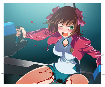 00s 1girl a1_(initial-g) amami_haruka blood blush breasts female_focus idolmaster idolmaster_xenoglossia large_breasts menstrual_blood menstruation one_eye_closed pilot piloting short_shorts shorts solo tears wink