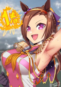 Rule 34 | 1girl, animal ears, armpits, breasts, commentary request, flower-shaped pupils, gold hairband, hairband, hand up, highres, horse ears, horse girl, looking at viewer, open mouth, sakura bakushin o (blossom in learning) (umamusume), sakura bakushin o (umamusume), solo, stream, sweat, symbol-shaped pupils, umamusume, upper body, zasshu nigou