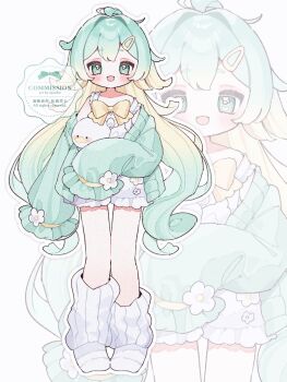 1girl :d blonde_hair blue_cardigan blue_hair blush bow bowtie cardigan commentary_request commission dress full_body green_eyes hair_ornament hairclip long_hair long_sleeves looking_at_viewer multicolored_hair no_shoes off_shoulder open_cardigan open_clothes open_mouth original outline simple_background sleeveless sleeveless_dress sleeves_past_fingers sleeves_past_wrists smile socks solo standing two-tone_hair upa_papa_co watermark white_background white_dress white_outline white_socks yellow_bow yellow_bowtie