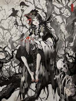 1girl animal barefoot bead_necklace beads bird bird_mask black_bird black_eyes black_hair black_hakama black_haori black_nails black_wings blood circle_facial_mark commentary_request crow dead_animal eyeliner facial_mark feathered_wings forehead_mark full_body hakama hakama_shorts haori highres holding holding_animal japanese_clothes jewelry kimono long_hair long_sleeves looking_at_viewer makeup mask mask_on_head multiple_necklaces nanahara_shie necklace on_branch original parted_lips red_eyeliner red_lips sharp_toenails shorts sitting skeleton solo tengu toenails tree very_long_hair white_kimono wide_sleeves wings
