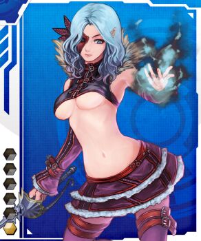 Rule 34 | 1girl, aqua hair, blue eyes, breasts, card (medium), female focus, gradient background, lilith-soft, medium breasts, navel, pointy ears, skirt, solo, taimanin (series), taimanin asagi battle arena all card gallery, taimanin asagi kessen arena, underboob, weapon