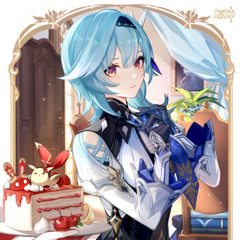 2girls absurdres adjusting_clothes adjusting_necktie amber_(100_outrider)_(genshin_impact) amber_(genshin_impact) baron_bunny_(genshin_impact) black_gloves black_hairband blue_gloves blue_hair blue_necktie cake cake_slice closed_mouth curtains dodoco_(genshin_impact) eula_(genshin_impact) food genshin_impact gloves hairband hands_up highres long_sleeves looking_at_viewer medium_hair multiple_girls necktie official_art photo_(object) solo_focus two-sided_gloves two-tone_gloves upper_body white_gloves yellow_eyes