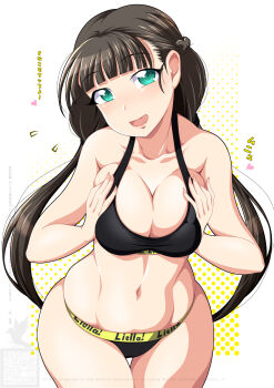 1girl aqua_eyes bare_arms black_hair black_sports_bra black_sports_panties blunt_bangs blush braid breasts breasts_squeezed_together cleavage collarbone commentary_request curvy heart highres ichijou_takakiyo large_breasts long_hair looking_at_viewer love_live! love_live!_superstar!! navel open_mouth sakurakoji_kinako smile solo sports_bra standing thighs twintails white_background wide_hips