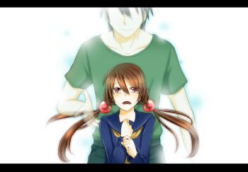 Rule 34 | 1boy, 1girl, aged up, black hair, brown hair, corpse party, corpse party (pc-98), corpse party if, ghost, hair bobbles, hair ornament, kishinuma yoshiki, kishinuma yoshiki (pc-98), letterboxed, long hair, minamino akari, red eyes, school uniform, serafuku, short hair, tears, twintails