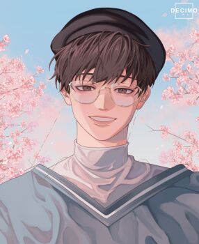 1boy :d beret brown_eyes brown_hair cherry_blossoms cherry_tree glasses hat head_tilt high_collar highres kim_dokja looking_at_viewer male_focus nadardoh omniscient_reader&#039;s_viewpoint open_mouth outdoors pink-tinted_eyewear shirt short_hair smile solo tinted_eyewear upper_body white_shirt