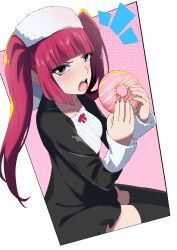Rule 34 | 1girl, annoyed, black dress, black thighhighs, bleach, blunt bangs, blunt ends, blush, breasts, brown eyes, collarbone, commentary, cowboy shot, dokugamine riruka, doughnut, dress, eyebrows hidden by hair, eyelashes, food, from side, hands up, hat, highres, holding doughnut, iku1224 19, long hair, looking at viewer, notice lines, open mouth, pink background, polka dot, polka dot background, red hair, short dress, signature, simple background, sitting, sleeves past wrists, small breasts, solo, straight hair, teeth, thighhighs, tsurime, twintails, twitter username, upturned eyes, v-shaped eyebrows, white hat, zettai ryouiki