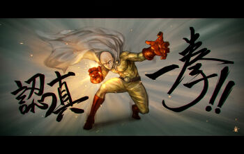 ! !! 1boy abs bald bodysuit boots cape clenched_hand closed_mouth commentary empty_eyes english_commentary fighting_stance full_body gloves highres long_sleeves lun2004 male_focus one-punch_man red_boots red_gloves saitama_(one-punch_man) signature solo superhero_costume translation_request white_cape yellow_bodysuit