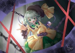 Rule 34 | 1girl, black hat, bow, breasts, buttons, chain, crying, crying with eyes open, diamond button, eyeball, frilled shirt collar, frilled sleeves, frills, green eyes, green hair, green skirt, hat, hat bow, hat ribbon, highres, komeiji koishi, long sleeves, looking at viewer, noibara noy, open hand, open mouth, outstretched arm, reaching, reaching towards viewer, ribbon, shirt, short hair, skirt, sleeves past elbows, sleeves past wrists, solo, standing, tears, third eye, touhou, wide sleeves, yellow bow, yellow ribbon, yellow shirt