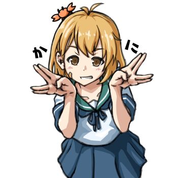 1girl animal animal_on_head antenna_hair bandaid bandaid_on_face blue_skirt brown_eyes cowboy_shot crab_on_head green_sailor_collar grin highres kantai_collection leaning_forward light_brown_hair oboro_(kancolle) on_head pleated_skirt sailor_collar sailor_shirt salute school_uniform serafuku shirt short_hair simple_background skirt smile takakiyo_(nk1109r) vulcan_salute white_background white_shirt