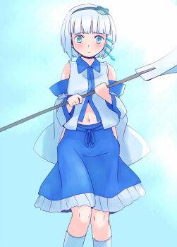 1girl bare_shoulders black_hairband blue_background blue_eyes blue_skirt blush clothing_cutout collared_shirt commentary_request cosplay detached_sleeves feet_out_of_frame frog_hair_ornament gohei grey_shirt grey_socks hair_ornament hairband hip_vent holding holding_gohei knees kochiya_sanae kochiya_sanae_(cosplay) konpaku_youmu light_frown midriff_peek open_clothes open_shirt rangycrow shirt short_hair skirt snake_hair_ornament socks solo touhou