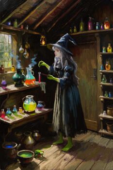 1girl absurdres ascot barefoot beaker blue_dress blue_hat bottle cauldron commentary cork dress english_commentary fantasy flask frog grey_hair hat highres holding holding_tongs lantern liquid long_hair orange_eyes original potion remy_(seihai) round-bottom_flask shelf slit_pupils smoke solo test_tube tongs vial window witch witch_hat wooden_door wooden_floor xianggang_jizhe