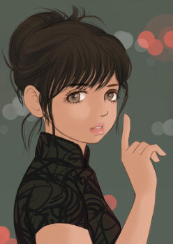 1girl ana_de_armas black_shirt blade_runner_(series) blade_runner_2049 brown_eyes brown_hair chinese_clothes expressionless green_background hair_bun joi lips looking_at_viewer mandarin_collar messy_hair pankou pochimaru_(pixiv29617) shirt solo tareme upper_body