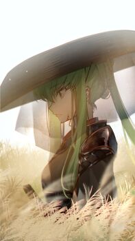 1girl armor black_dress blood blood_stain c.c. closed_mouth code_geass creayus dress ear_piercing from_side grass green_hair hat highres japanese_armor long_hair piercing pink_lips profile samurai sandogasa solo white_background yellow_eyes