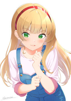 1girl absurdres alternate_costume blonde_hair blue_overalls blush commentary_request green_eyes headband heanna_sumire highres long_hair love_live! love_live!_superstar!! open_mouth overalls reisa-aisaka shirt simple_background solo standing upper_body white_background white_shirt