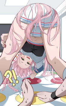 1girl absurdres ahoge black_sports_bra blue_archive bow braid breasts gonggo green_eyes hair_bow halo hanako_(blue_archive) highres indoors large_breasts long_hair looking_at_viewer navel open_mouth pink_hair pink_halo pleated_skirt pov school_uniform shirt single_braid skirt smile solo_focus sports_bra sweat twister white_bow white_shirt white_skirt