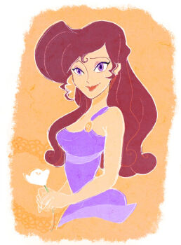 1girl ancient_greek_clothes animification bare_shoulders brown_hair dress eyeshadow greco-roman_clothes hair_down hercules_(1997_movie) long_hair looking_at_viewer makeup megara_(disney) purple_dress purple_eyes purple_eyeshadow simple_background sleeveless smile solo toon_(style) tsuntsun_(tuuuuuuntun)