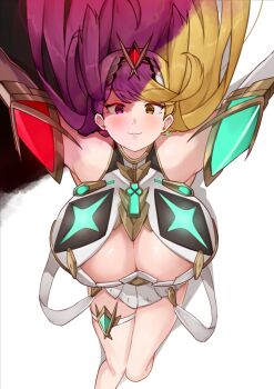 1girl absurdres blonde_hair breasts chest_jewel cleavage cleavage_cutout clothing_cutout core_crystal_(xenoblade) dress highres huge_breasts long_hair multicolored_hair mythra_(xenoblade) purple_hair revision simple_background solo tiara two-tone_hair white_background white_dress xenoblade_chronicles_(series) xenoblade_chronicles_2 yellow_eyes yotsuha_uni