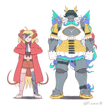 1boy ahoge alphonse_elric armor arms_at_sides belt bird_wings black_hair blonde_hair bow bowtie center_opening closed_mouth coat cosplay dress edward_elric full_body fullmetal_alchemist greater_bird-of-paradise_(kemono_friends) greater_bird-of-paradise_(kemono_friends)_(cosplay) green_hair grey_hair head_wings highres horns kemono_friends kemono_friends_3 kirin_(kemono_friends) kirin_(kemono_friends)_(cosplay) kugimiya_rie long_hair long_sleeves looking_at_viewer metal metamimi microskirt multicolored_hair navel open_clothes open_coat paku_romi pauldrons prosthesis prosthetic_hand prosthetic_leg purple_hair red_coat shoes simple_background single_thighhigh skirt spiked_pauldrons spikes standing stomach tail thigh_strap thighhighs twitter_username very_long_hair voice_actor_connection white_background white_hair wings zettai_ryouiki