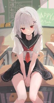 1girl black_skirt chalkboard fuji_sakura looking_at_viewer medium_hair neckerchief original red_eyes red_neckerchief school_uniform serafuku shirt short_sleeves sitting sitting_on_table skirt solo summer_uniform twitter_username white_hair white_shirt