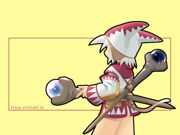 1girl animal_ear_headwear animal_ears bad_id black_outline brown_tail cat_ears cat_tail commentary cowboy_shot detached_sleeves fake_animal_ears final_fantasy final_fantasy_xi from_behind gradient_tail hat hat_flaps holding holding_staff kitsupon long_skirt mage_staff outline red_hat red_tunic short_hair simple_background skirt square_enix staff tail thick_outlines tunic two-tone_sleeves two-tone_tunic white_hair white_hat white_mage_(final_fantasy) white_tunic yellow_background yellow_skirt zig-zag_pattern