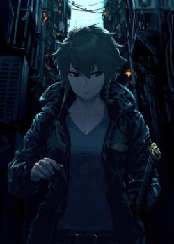 Rule 34 | 1girl, alley, aratama (toji no miko), belt, black jacket, braid, braided sidelock, breasts, cleavage, closed mouth, collarbone, condenser unit, grey shirt, hair between eyes, highres, hood, hooded jacket, jacket, katana, long sleeves, mikel (4hands), open clothes, open jacket, shidou maki (toji no miko), shirt, short hair, small breasts, solo, standing, sword, toji no miko, v-neck, weapon
