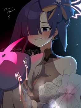 2girls amtkmituki animal_ears between_breasts black_background blue_archive blush breasts commentary_request ears_down embarrassed extra_ears face_between_breasts floppy_ears flower-shaped_hair flying_sweatdrops glowing glowing_halo grey_hair hair_over_one_eye halo hand_over_eye hat head_between_breasts heart highres large_breasts lop_rabbit_ears michiru_(blue_archive) michiru_(dress)_(blue_archive) multiple_girls pink_halo purple_eyes purple_hair purple_halo purple_hat rabbit_ears rabbit_girl raccoon_ears raccoon_girl see-through_clothes see-through_shirt shirt shuriken_earrings steaming_body sweat tsukuyo_(blue_archive) tsukuyo_(dress)_(blue_archive)