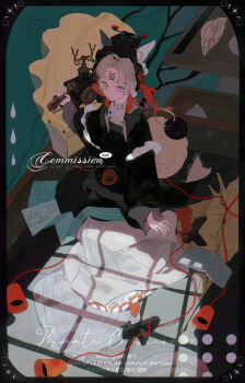 absurdres animal_ear_fluff animal_ears antique_phone black_border black_dress black_headdress book border brown_eyes brown_hair commission dress hai_yexing_ren headdress highres holding holding_phone long_hair long_sleeves looking_at_viewer mihuashi_commission mole mole_under_eye open_book original paper parted_lips phone red_pupils sandals screentones short_eyebrows sitting watermark