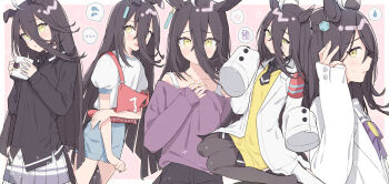 ... 1girl agnes_tachyon_(tach-nology)_(umamusume) agnes_tachyon_(umamusume) agnes_tachyon_(umamusume)_(cosplay) ahoge animal_ears bare_shoulders black_hair black_pants black_shirt blush closed_mouth collarbone collared_shirt cosplay cup dress_shirt flying_sweatdrops grey_shorts gym_shirt gym_shorts gym_uniform hair_between_eyes hand_up highres holding holding_cup horse_ears horse_girl horse_tail lab_coat long_hair manhattan_cafe_(umamusume) mug multicolored_hair multiple_views nochatea off-shoulder_shirt off_shoulder open_clothes pants parted_lips pleated_skirt puffy_short_sleeves puffy_sleeves purple_shirt race_bib shirt short_sleeves shorts skirt sleeves_past_fingers sleeves_past_wrists small_sweatdrop spoken_blush spoken_ellipsis spoken_flying_sweatdrops spoken_squiggle spoken_sweatdrop squiggle sweat sweatdrop sweater tail two-tone_hair umamusume very_long_hair white_hair white_shirt white_skirt yellow_eyes yellow_sweater